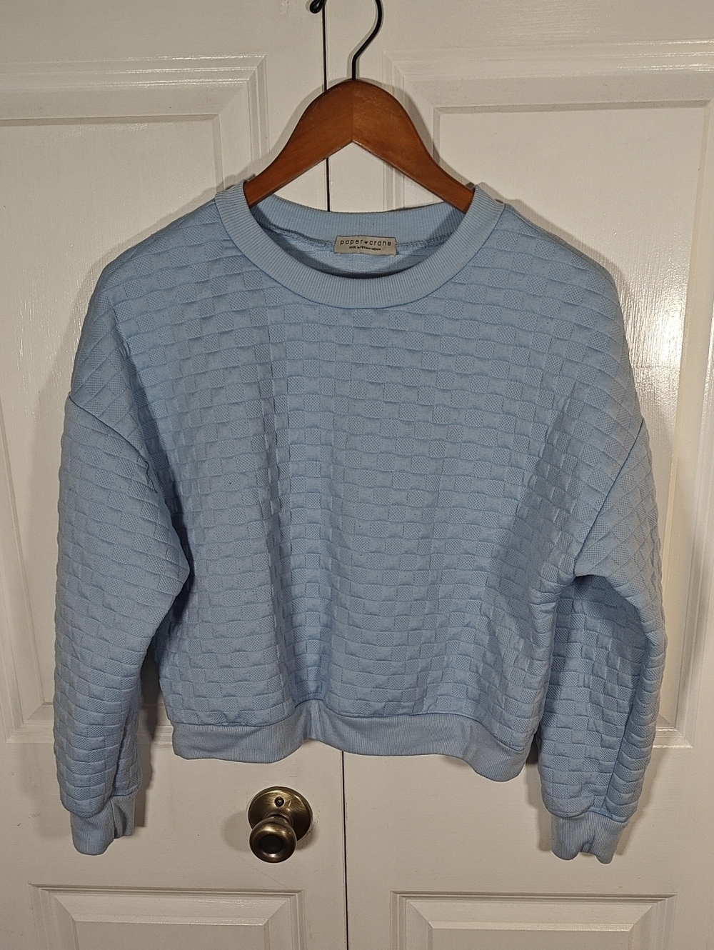 Paper Crane Womens Pale Blue Checkerboard Textured Knit Crewneck Sweater Medium